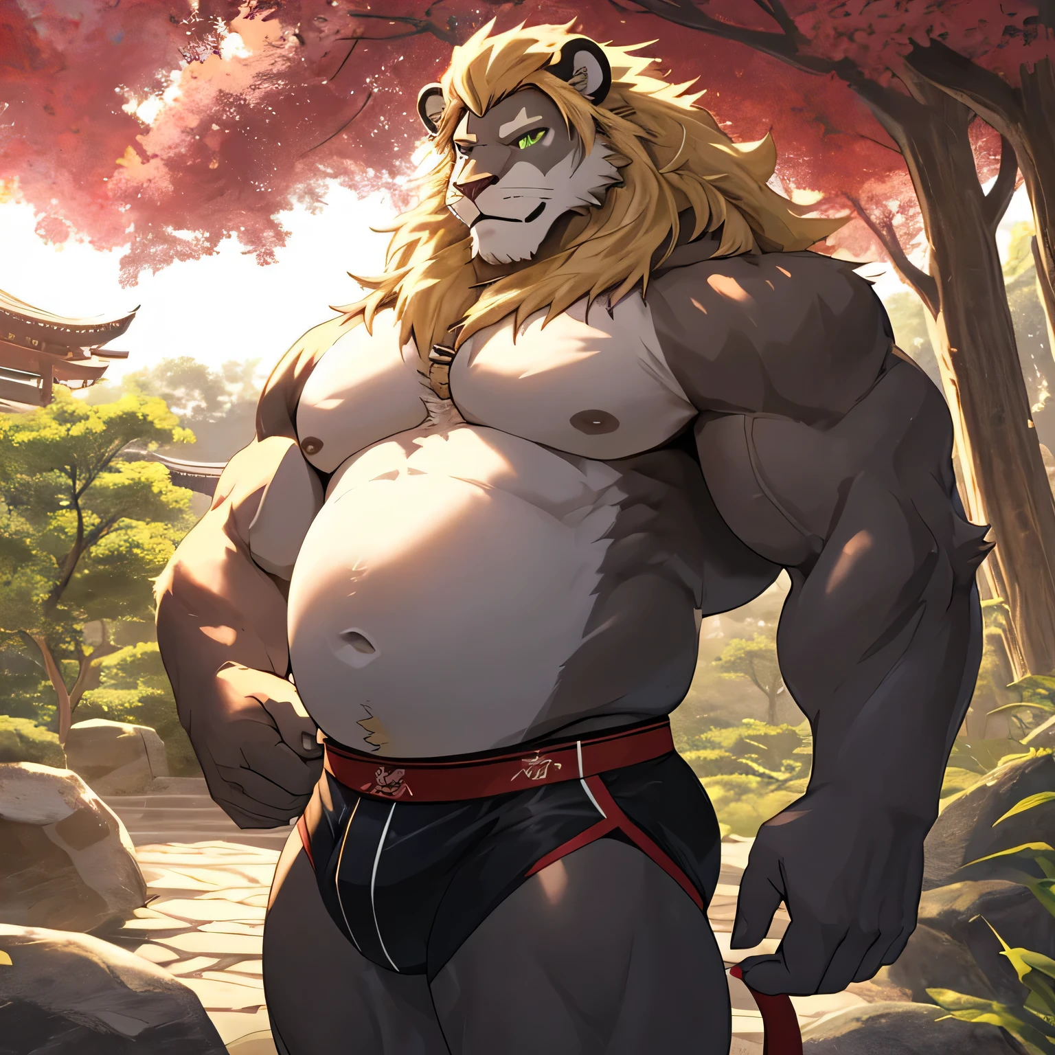 a muscular lion with a long blond mane, very detailed green eyes, muscular arms and pectorals, fat and round belly, wearing a jockstrap, looking directly at the viewer, in a zen garden, cinematic, 8k, detailed