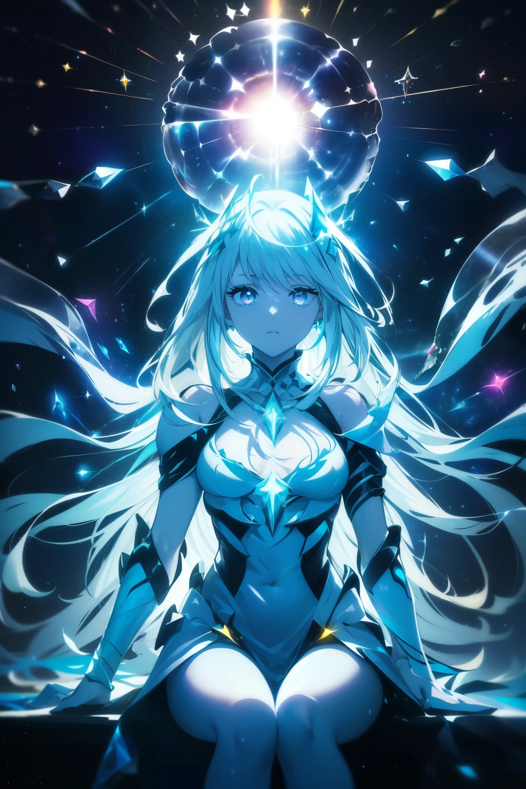  (((Galactic queen, Stellar gradient, planetary background, glowing stars)), 1girl, sitting, ((cosmic architecture)), (mystic eyes), (Flowing ethereal hair), (glowing aura), (Orbital armor), (stellar chandelier), ((orbital debris)), (astral projections), ((etheric)))))