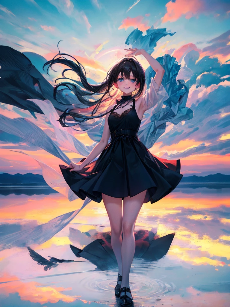 art by Cornflower,(master piece),(4k),high quality,(Uyuni Salt Flat),(Reflects the blue sky and summer clouds spreading),((from very high)),((very wide shot)),1 girl,small breasts,beautiful black hair,pale skin,black collared dress,beautiful smile,beautiful detailed blue eyes, (Highly detailed elegant), like a dream and happiness atmosphere, Detailed skin, Bokeh, Silky to the touch, Hyper Detail,pastel tones,cinematic lighting