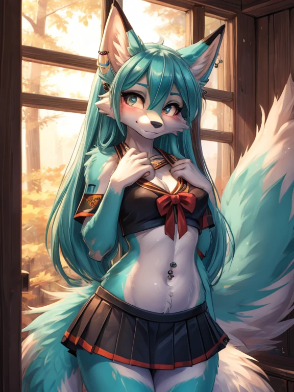 Chica anime, anime style, cute hatsune miku x vixen, shy girl , Orejas de Kitsune, arte de dark natasha, autum forest landscape, arte de vixen aztra, cuerpo completo, patas hermosas, cintura delgada, caderas amplias, piernas torneadas, hermosa, foto de cuerpo completo, sensual navel blouse, black mini skirt, navel piercing, ear piercing, navel tattoo, shy pose, beatifull and detailed hands, cheerleader
