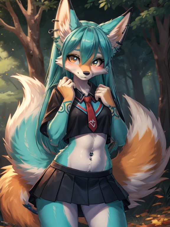 Chica anime, anime style, cute hatsune miku x vixen, shy girl , Orejas de Kitsune, arte de dark natasha, autum forest landscape, arte de vixen aztra, cuerpo completo, patas hermosas, cintura delgada, caderas amplias, piernas torneadas, hermosa, foto de cuerpo completo, sensual navel blouse, black mini skirt, navel piercing, ear piercing, navel tattoo, shy pose, beatifull and detailed hands, cheerleader