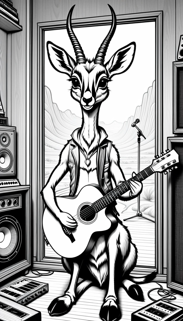linear black and white drawing of a cuddly antelope composes his new song with guitar in the recording room full of musical instruments. Wide view, simple lines, thin and defined outlines, no shading, no colors, perfect to be colored, cartoon style, clean lines, suitable for children.