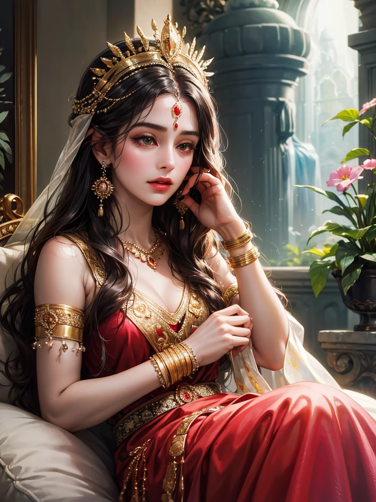 (absurderes, A high resolution, Ultra detailed, hdr), Masterpiece, Best quality, Portrait of an Indian
Goddess parvati, extreme realistic very beautiful, animated style, closeup shot, anime in a red indian dress, long black wavy hair untied, head jewellery, necklace, earings, armlets, bangles and bracelets, rings, pleasant expression, bright big black eyes, holding a flower, natural beauty, vibrant colors, dreamy, northern light, pink bubble, romantic, soft lighting, vintage aesthetic