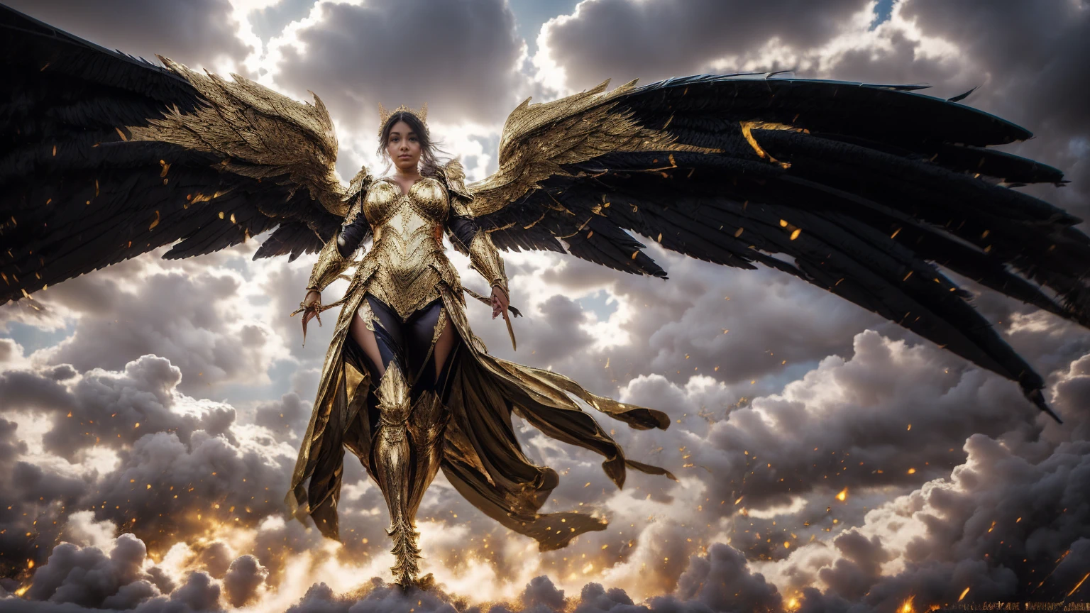 full body photo (Remote photos) Masterpiece, best quality, 1 girl,Beautiful, round, large breasts., ((Sexy tight-fitting golden armor)) It has black wings., Golden Clouds,