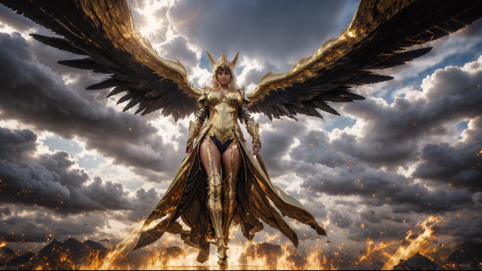 full body photo (Remote photos) Masterpiece, best quality, 1 girl,Beautiful, round, large breasts., ((Sexy tight-fitting golden armor)) It has black wings., Golden Clouds,