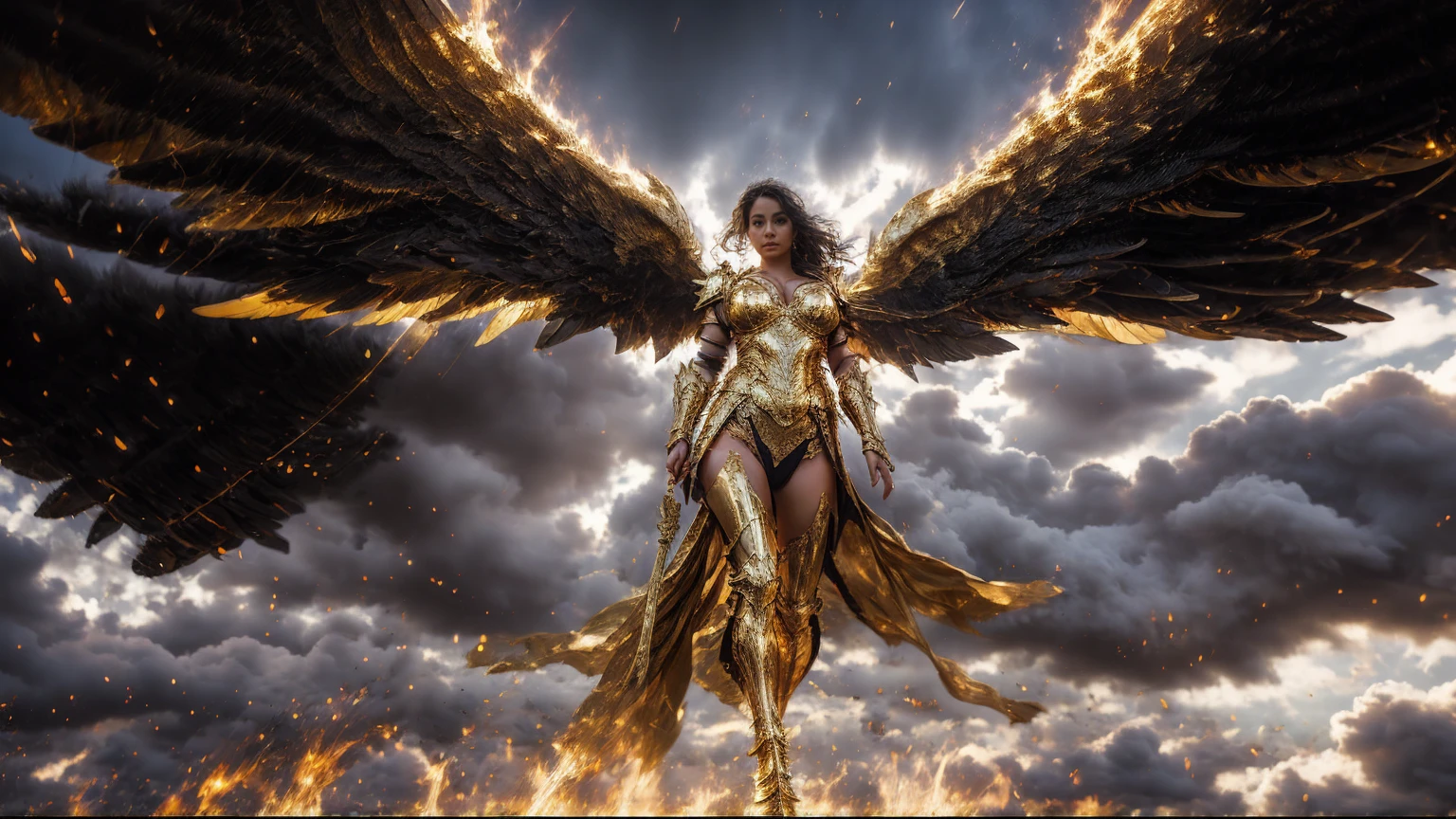 full body photo (Remote photos) Masterpiece, best quality, 1 girl,Beautiful, round, large breasts., ((Sexy tight-fitting golden armor)) It has black wings., Golden Clouds,