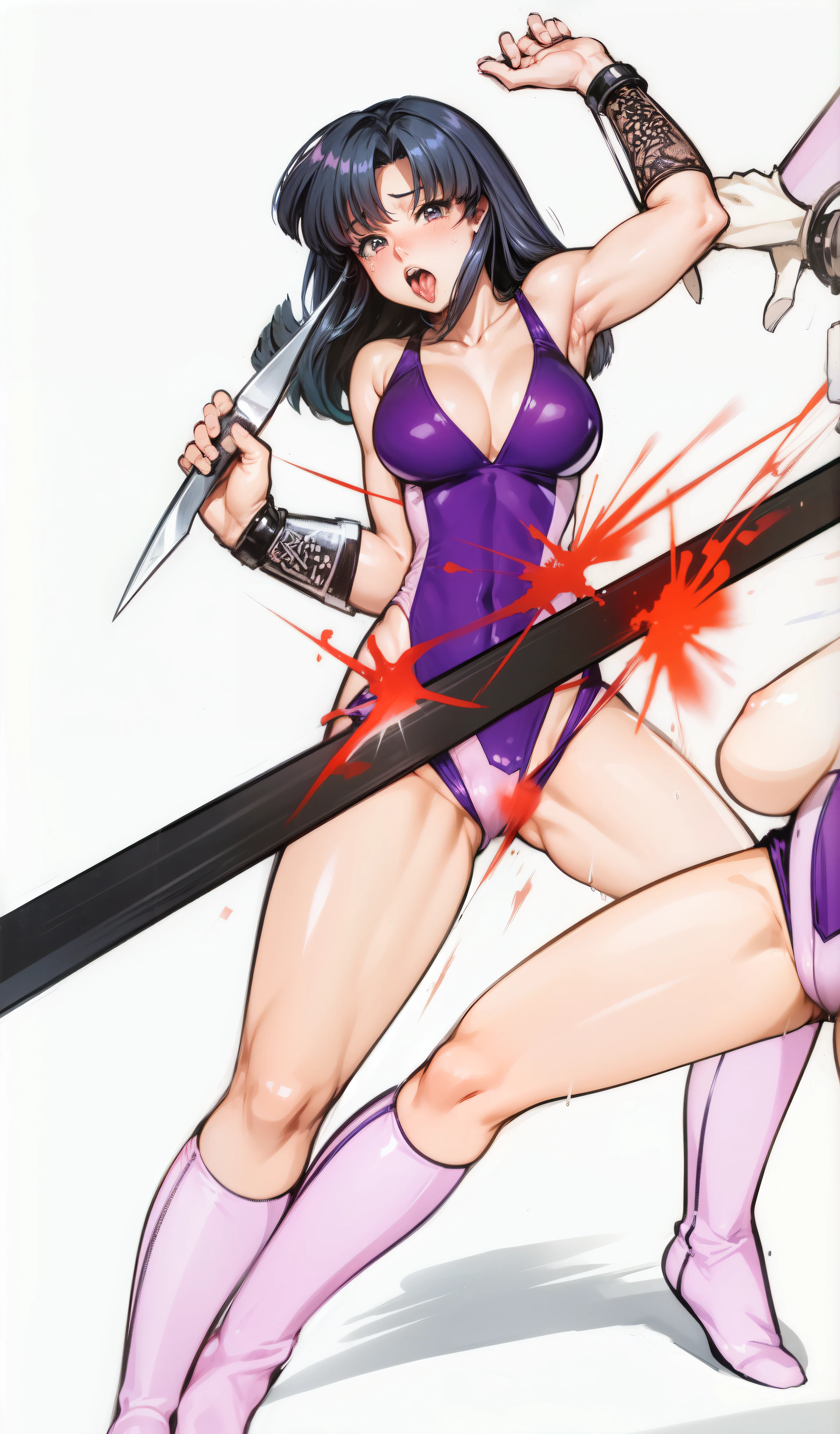 Female Combatant、Japanese girl、Close-up of a girl in a pink leotard、pink shiny leotard、Black fishnet stockings、Pink Boots、Saiyan Girl, wonderful, Nano Girl, Female body type, Inspired by Hiromu Arakawa, Anime Manga Robot!! Anime Girls, Fubuki, Full Body Suit, by Hiromu Arakawa、wonderful, silk, Beautiful and attractive anime , Anime Girls of the future, tears,Drooling,Pee,Sweat,Tongue out,incontinence,Peeing、Estrus、Eyes wide open,Estrus,Blushing,Nipples are erect,Face is hot、Lust、incontinence、Armpit Hair、pubic hair、Nipples are erect、My crotch is wet、Being restrained、Knife to the throat、Pleading for your life