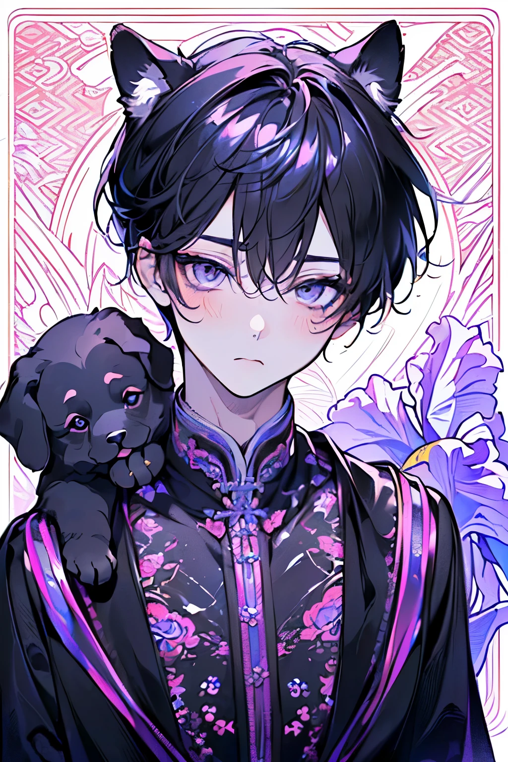 ,(((men's:1.3))),((Iris hair:1.3)),(Shiny marble eyes:1.45),(forehead mark),(NSFW:1.15),((drooping dog ears:1.2)),(A lustrous, soft face:1.4),((blush、Waiting for a half-open kiss、Excited face:1.2)),(((head down:1.3))),((POP and cute animal footprint background:1.25)),((Gorgeous Arabian costume:1.3)),(black、purple、white、pink),