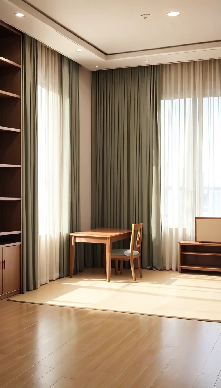 Empty Room、There are curtains and chairs、There is a shelf
