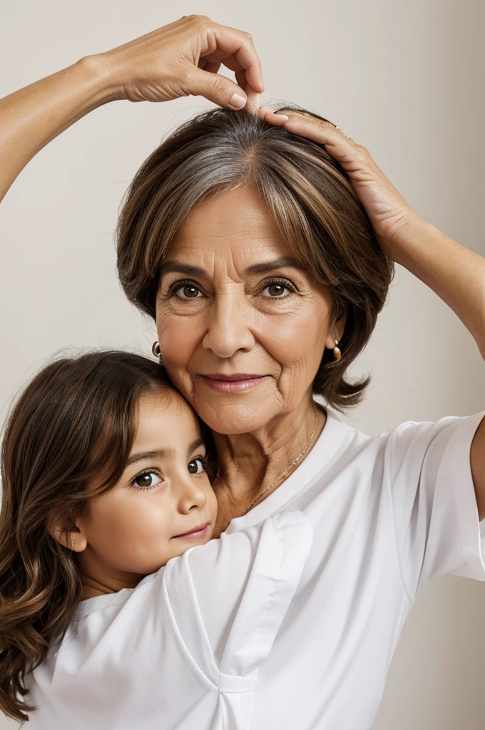 Create a Pixar-type image with a white background of a 70-year-old woman who looks not so old, cara delgada y un poco cuadrada, labios delgados, Brown eyes, short shoulder length wavy hair and light brown color, con traje de cocinera y con una cucharona en una mano y un plato en el otro