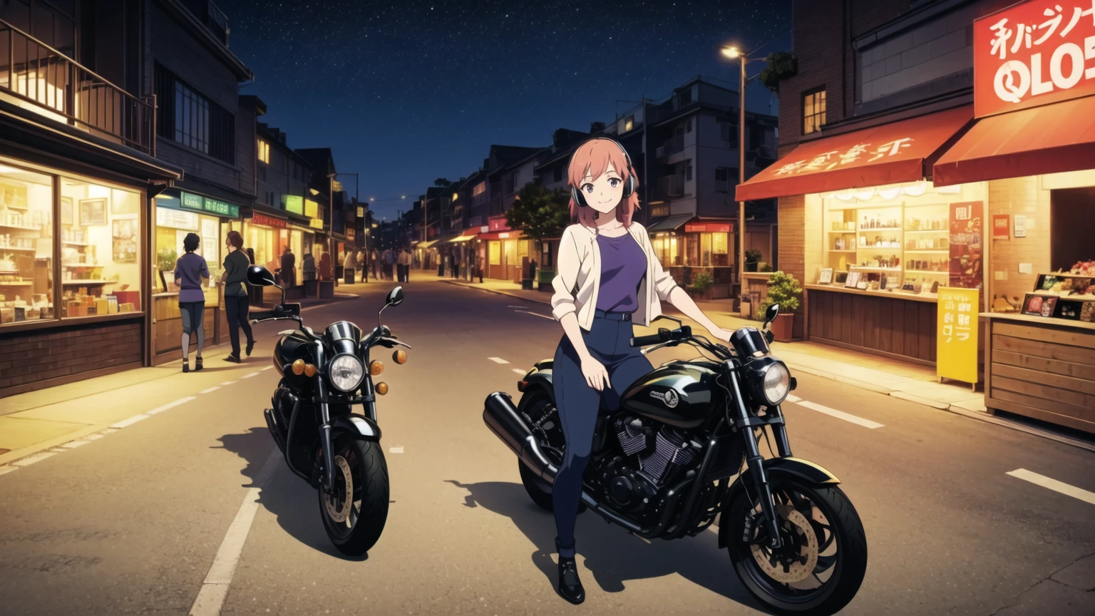 (High resolution, Best Quality, Masterpiece:1.2), (Realistic illustrations), Lo-fi Hip Hop, flat, 2.5D, Line art, Gouache color, Studio Ghibli style, Great colorful, Relaxed girl listening to music with headset, smile, はにかんだsmile, 80s city night view, Riding a motorcycle