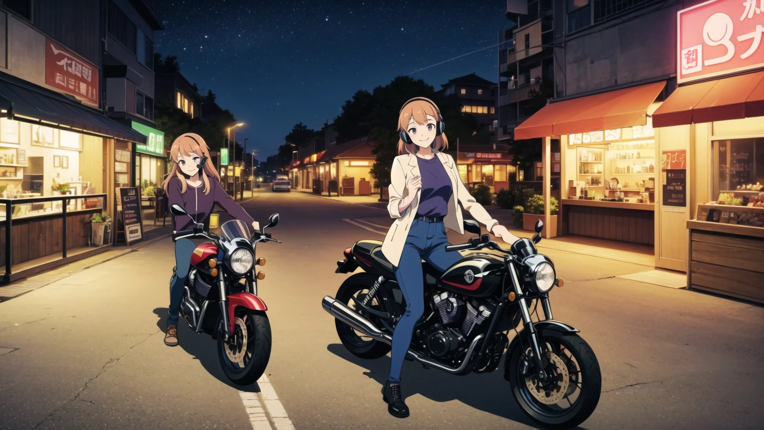 (High resolution, Best Quality, Masterpiece:1.2), (Realistic illustrations), Lo-fi Hip Hop, flat, 2.5D, Line art, Gouache color, Studio Ghibli style, Great colorful, Relaxed girl listening to music with headset, smile, はにかんだsmile, 80s city night view, Riding a motorcycle
