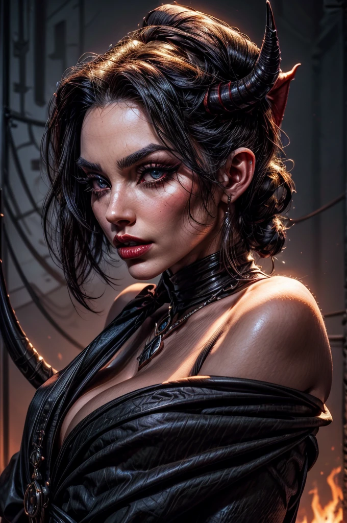 a close up of a (tiefling) woman's face, gorgeous face, amazing bone structure, defined cheekbones, slim, sharp nose, plump red lips, smokey eyes, dark thick eyebrows, dark eyeliner, dark eyeshadow, beautiful, long dark hair and (short bone horns coming from her head)