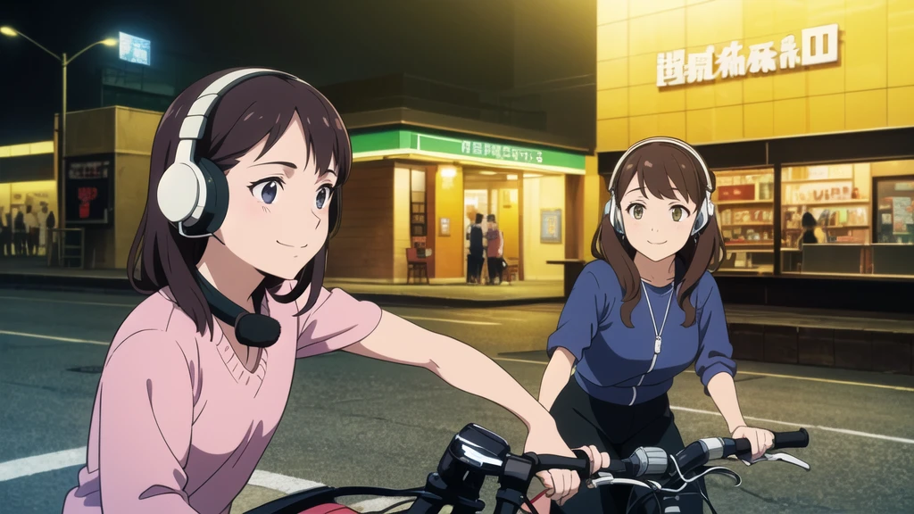 (High resolution, Best Quality, Masterpiece:1.2), (Realistic illustrations), Lo-fi Hip Hop, flat, 2.5D, Line art, Gouache color, Studio Ghibli style, Great colorful, Relaxed girl listening to music with headset, smile, はにかんだsmile, 80s city night view, Riding a motorcycle