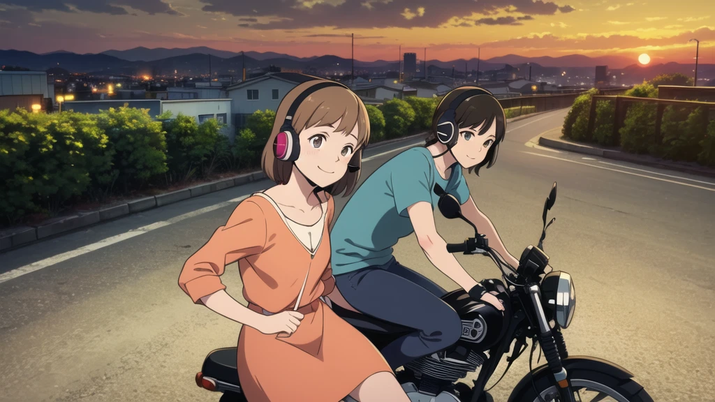 (High resolution, Best Quality, Masterpiece:1.2), (Realistic illustrations), Lo-fi Hip Hop, flat, 2.5D, Line art, Gouache color, Studio Ghibli style, Great colorful, Relaxed girl listening to music with headset, smile, はにかんだsmile, 80s city night view, Riding a motorcycle