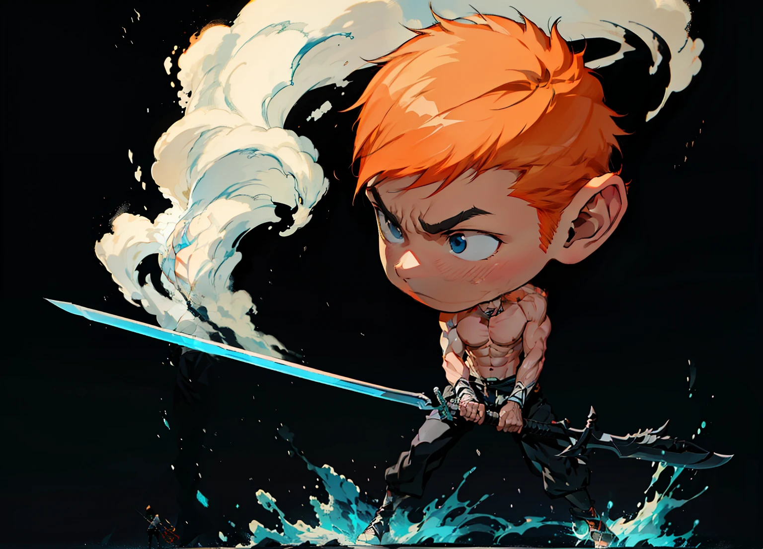 1boy, 26 Years old, Serious face, orange hair, muscular, shirtless, ((black long pants)), holding giant sword, blue sky, cloud