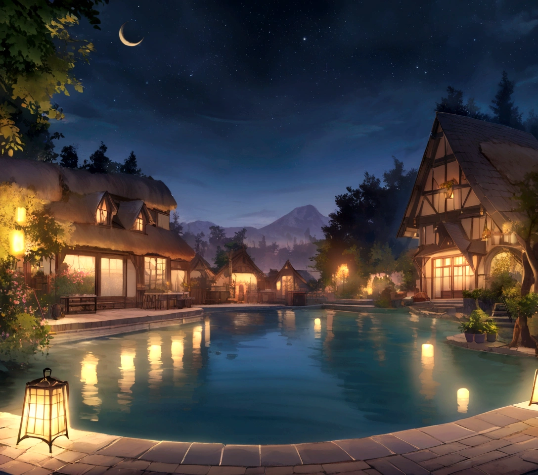 ((((masterpiece, Best Quality, High resolution)))), High detail, manga，anime，Illustrated style，Fantastic use of colors，Ghibli Studio「Howl&#39;s Moving Castle」Color usage, Medieval European fantasy worldview, Türkiye, Pamukkale, Holiday home with pool, courtyard, Sophisticated interior, A naturally occurring pool-like pond, Starry Sky, There is a beautiful hot spring pool in the center.、Sparkling water gushes out in the moonlight., Large space，There is no one，Ghibli Studioの魔女の宅急便のような雰囲気， RPG-like scenery, There is beer, wine and delicious food on the table., 空は満天のStarry Skyで、Blue and beautiful, And the crescent moon shines bright, Create a magical and cozy atmosphere, A calm and fantastic atmosphere at night.