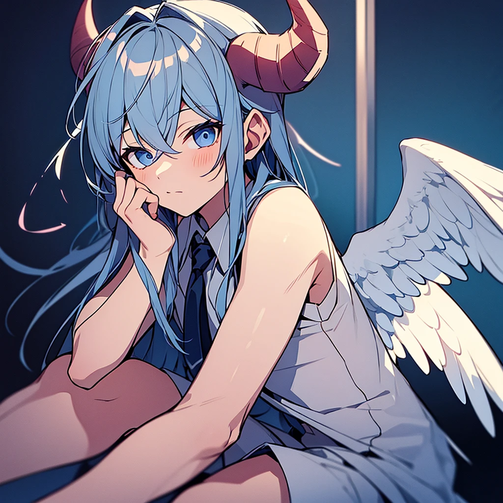 A boy half angel half demon with horns on his head 