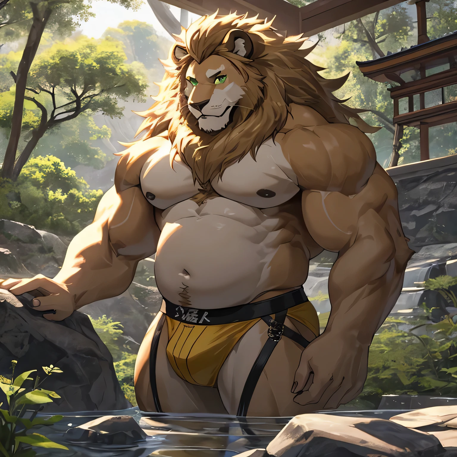 a muscular lion with a long blond mane, very detailed green eyes, muscular arms and pectorals, fat and round belly, wearing a jockstrap, looking directly at the viewer, in a zen garden, cinematic, 8k, detailed
