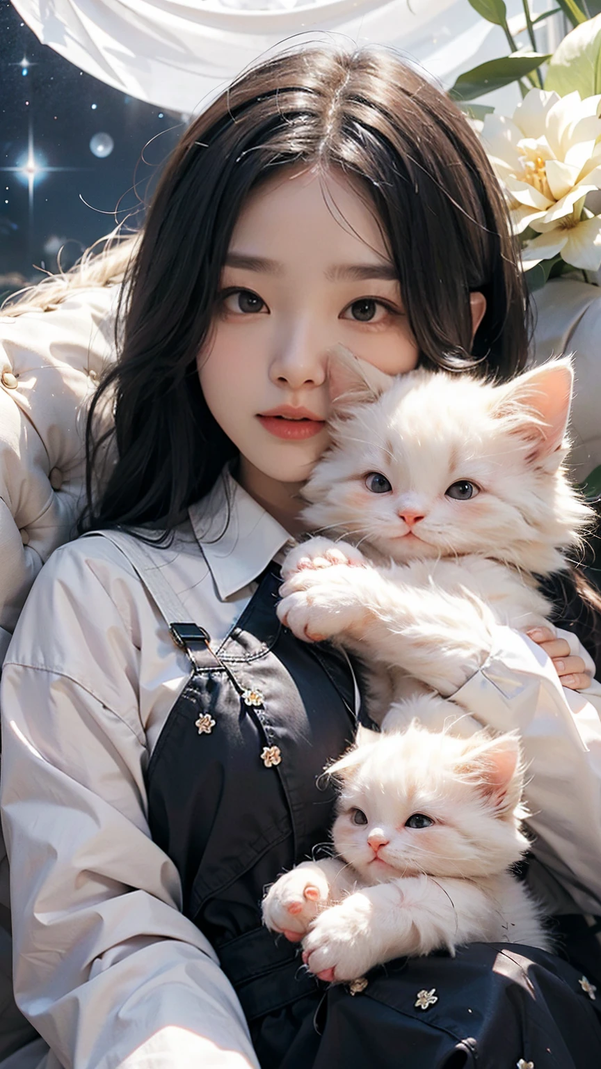 A  and a fluffy white kitten, flowers, sleeping, long black hair, night, starry sky