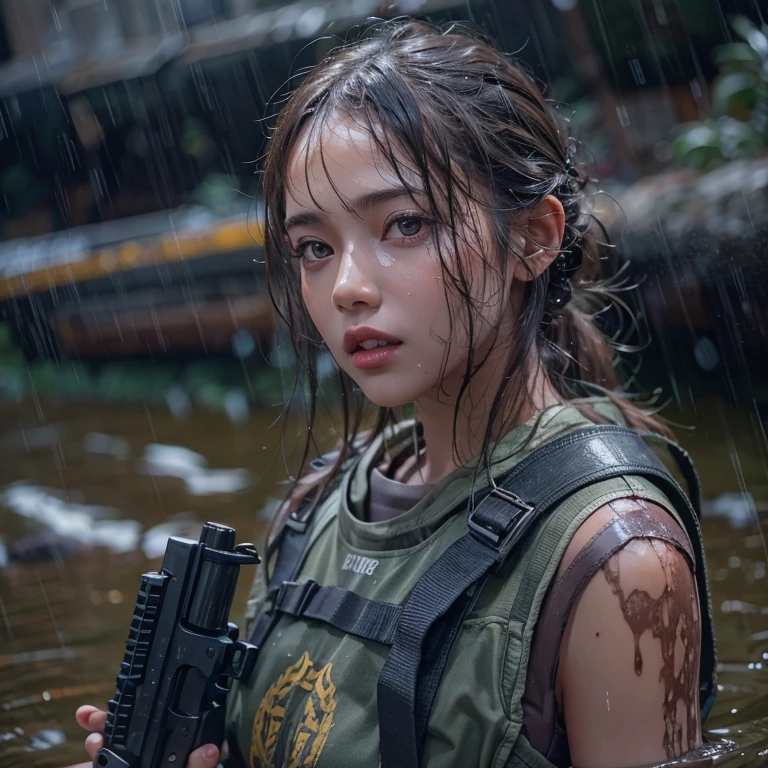 A girl with wet hair and wet skin wearing wet clothes, Realistic assault rifle in hand. Portraits require attention to detail, high quality, 4K or 8K resolution, Similar to Masterpiece. The skin texture should be realistic and the overall image should have a photorealistic style. The colours must be vibrant, The lighting should emphasize the wetness of the hair..., skin, And clothes.Soak waist-deep in the river