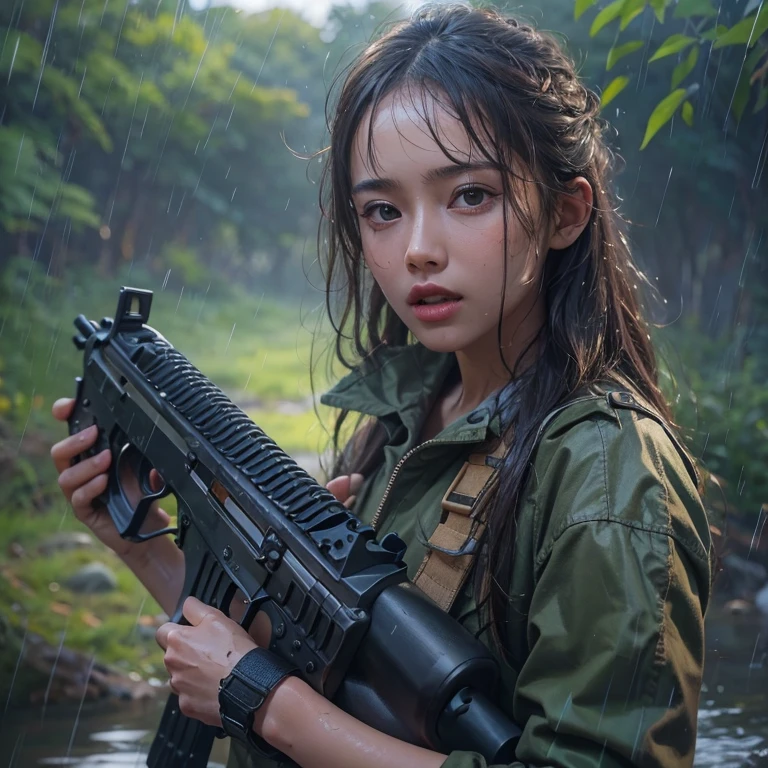 A girl with wet hair and wet skin wearing wet clothes, Realistic assault rifle in hand. Portraits require attention to detail, high quality, 4K or 8K resolution, Similar to Masterpiece. The skin texture should be realistic and the overall image should have a photorealistic style. The colours must be vibrant, The lighting should emphasize the wetness of the hair..., skin, And clothes.Soak waist-deep in the river