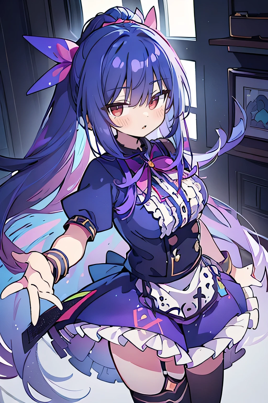 (best quality:1.3), (masterpiece:1.3), (illustration:1.3), (ultra-detailed:1.3), (imid shot:0.9), 1girl, medium breasts, purple eyes, (((dark blue hair))), hair ornaments, young, outfit-gladiia, long hair, dark blue hair, indoors, black shorts, thigh-highs, low ponytail, expressionless, upper body, close up, coat, skirt,