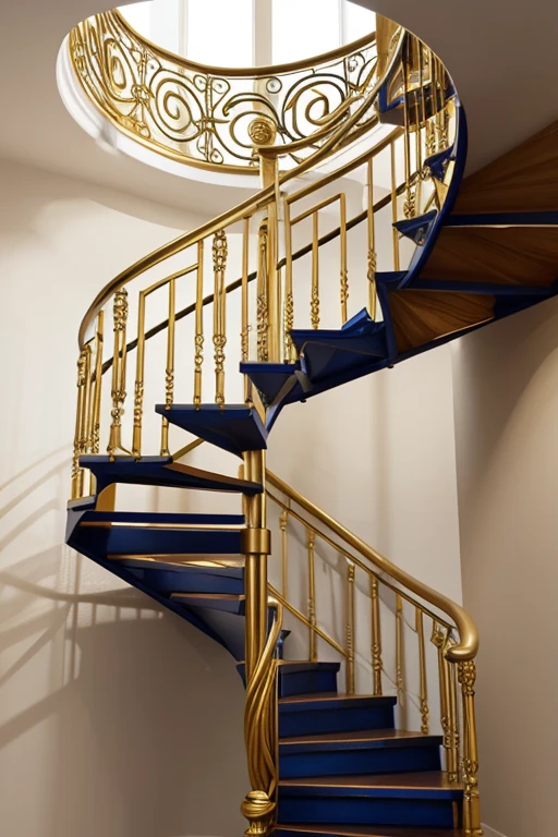 helical spiral staircase, blue and gold, ornate, detailed --v 6.0