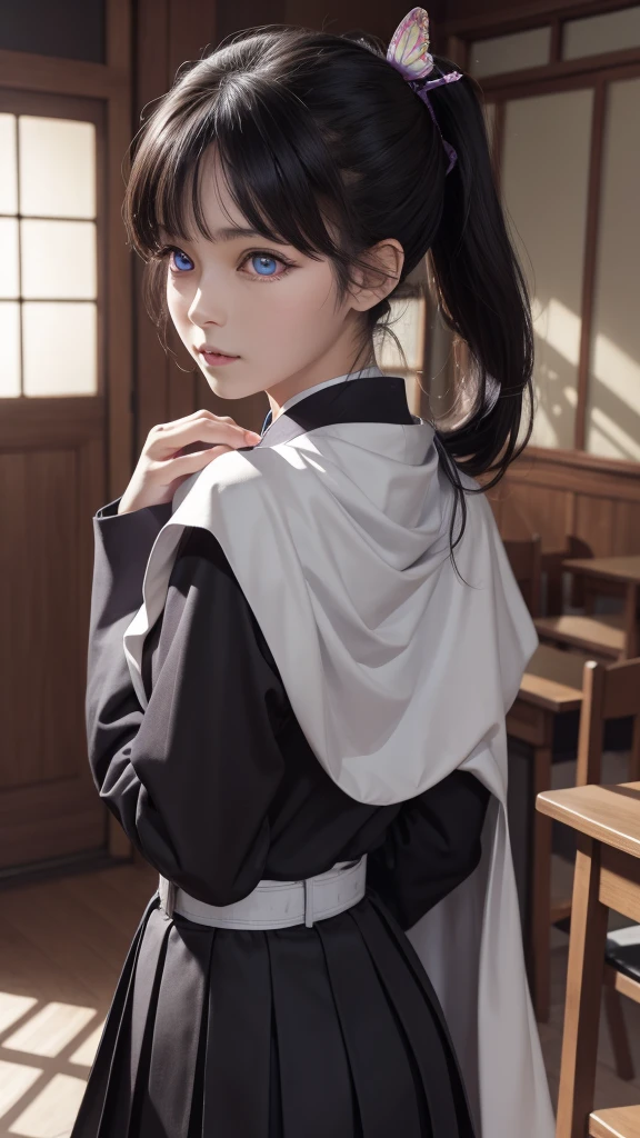 kanaotsuyuri, kanao tsuyuri, black hair, butterfly, butterfly hair ornament, (purple eyes:1.1), side ponytail, ponytail,
BREAK black skirt, cape, demon slayer uniform, long sleeves, pleated skirt, skirt, white cape,
BREAK looking at viewer,
BREAK indoors, classroom,
BREAK (masterpiece:1.2), best quality, high resolution, unity 8k wallpaper, (illustration:0.8), (beautiful detailed eyes:1.6), extremely detailed face, perfect lighting, extremely detailed CG, (perfect hands, perfect anatomy), looking at viewer