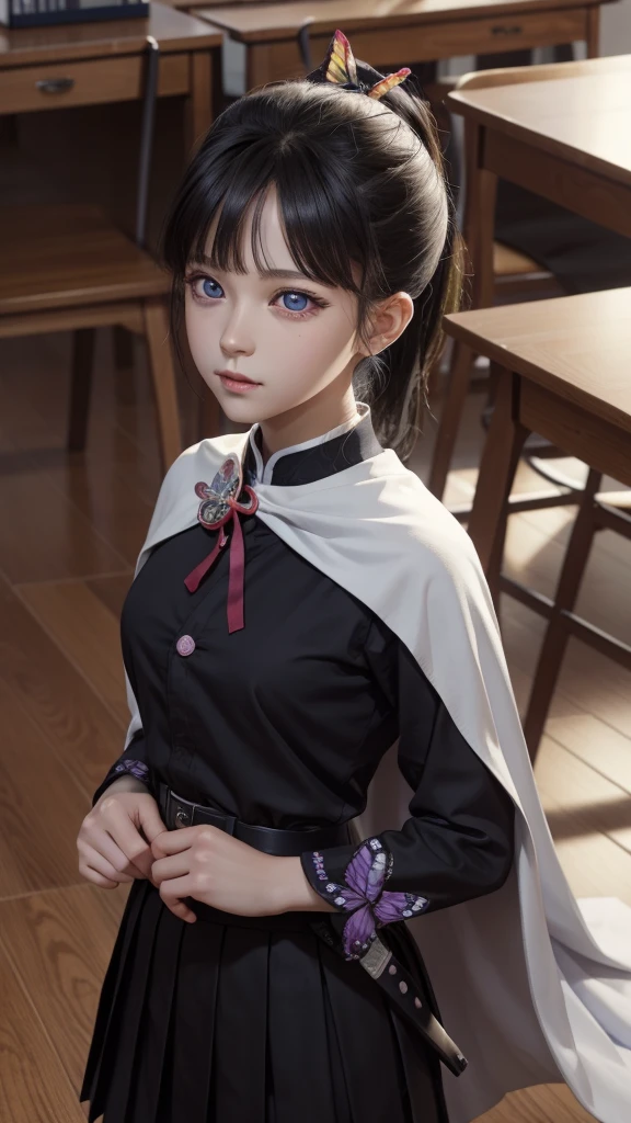 kanaotsuyuri, kanao tsuyuri, black hair, butterfly, butterfly hair ornament, (purple eyes:1.1), side ponytail, ponytail,
BREAK black skirt, cape, demon slayer uniform, long sleeves, pleated skirt, skirt, white cape,
BREAK looking at viewer,
BREAK indoors, classroom,
BREAK (masterpiece:1.2), best quality, high resolution, unity 8k wallpaper, (illustration:0.8), (beautiful detailed eyes:1.6), extremely detailed face, perfect lighting, extremely detailed CG, (perfect hands, perfect anatomy), looking at viewer