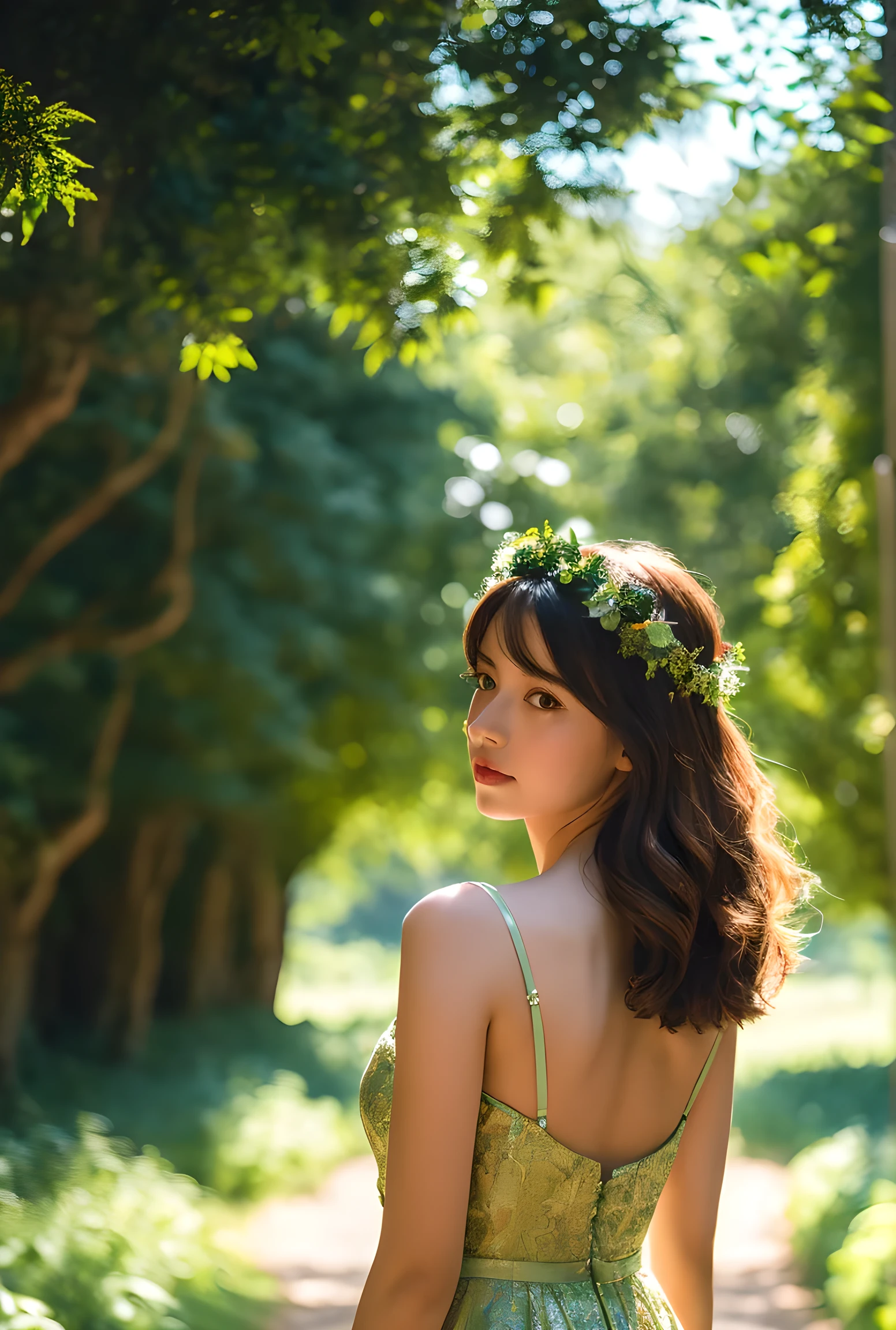 (Best Quality, 4K, 8K, High Resolution, Masterpiece: 1.2), Ultra Detailed, 1 Girl, Elegant Dress, Intricate Flower Crown, Sun-Dappled Forest, Lush Greenery, Back view,Warm Prime-Time Lighting, Vibrant Colors, Cinematic Composition, Dramatic Lighting, Fantastical Landscapes, Cinematic, Fantastic