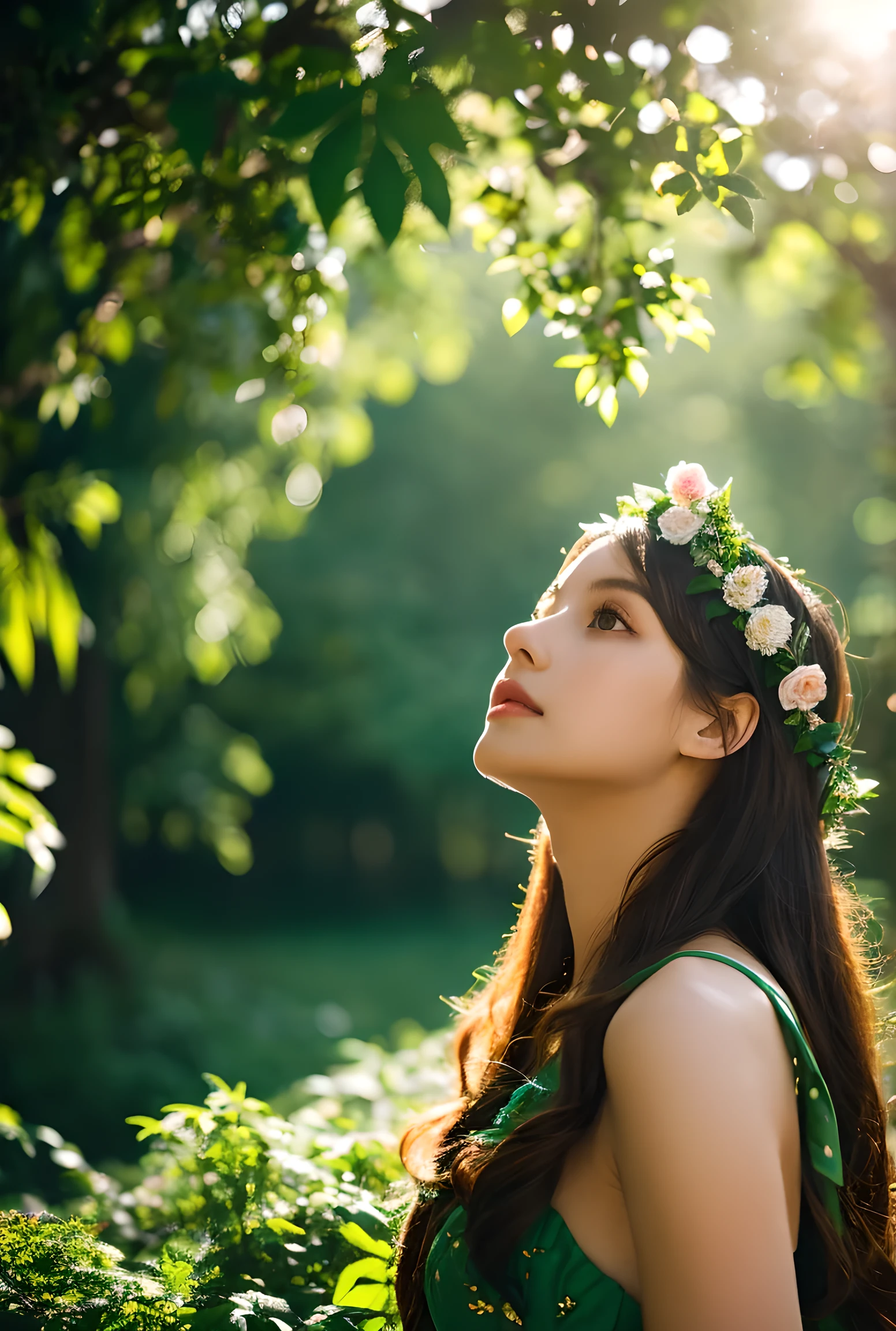 (Best Quality, 4K, 8K, High Resolution, Masterpiece: 1.2), Ultra Detailed, 1 Girl, Elegant Dress, Intricate Flower Crown, Sun-Dappled Forest, Lush Greenery, Back view,Warm Prime-Time Lighting, Vibrant Colors, Cinematic Composition, Dramatic Lighting, Fantastical Landscapes, Cinematic, Fantastic