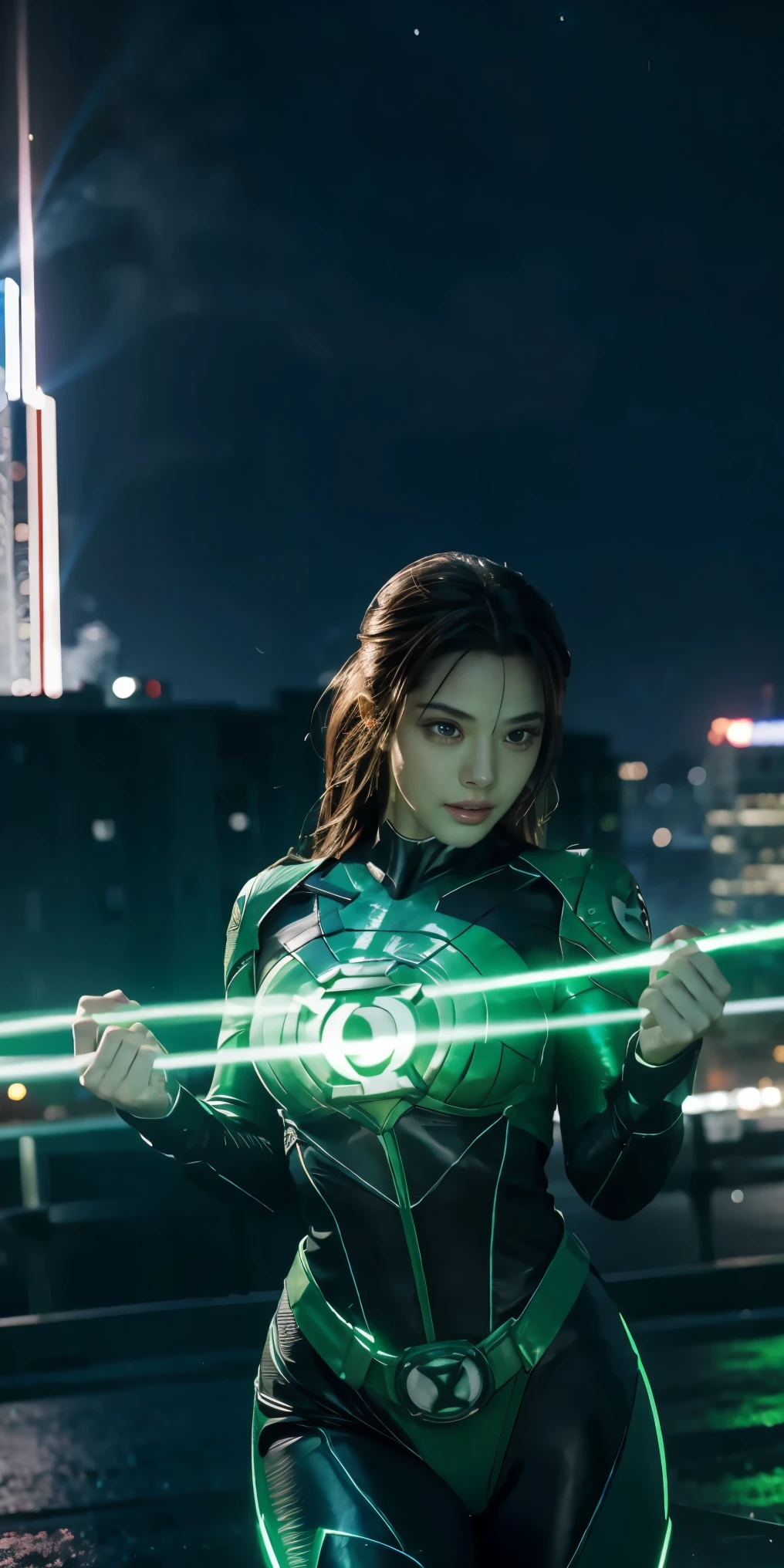 Scene from the movie, Woman dressed as Green Lantern from DC, extremely detailed, futuristic cityscape, nighttime, glowing neon lights, smoke, sparks, metal shavings, flying debris, blue energy effects, volumetric light