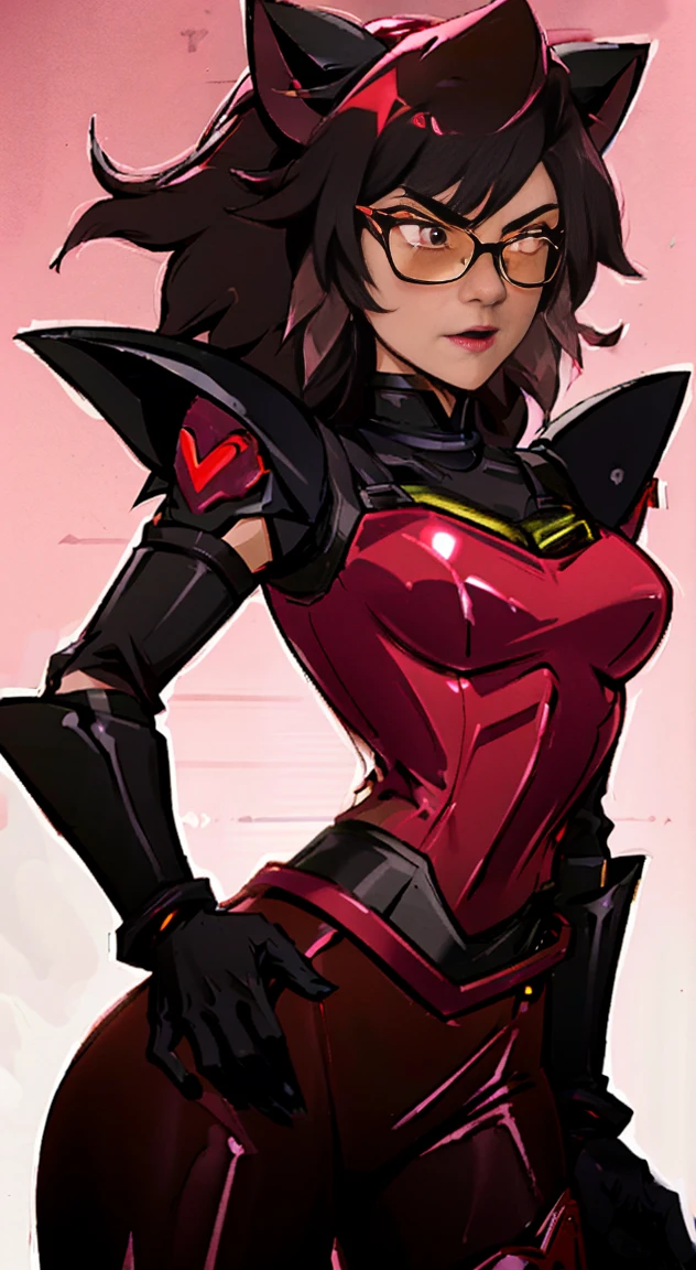 (Best quality, 4k, 8k, Ultra HD, High resolution, masterpiece:1.2), Catra as Mettaton, full spandex/latex attire (reds and blacks), neon lights, flawless makeup, happy singing pose, cat ears, fierce expression, long hair, simple greyscale background, sleek design, captivating stage presence, captivating red lipstick, confident stance, fashion model, anime glasses, anime tinted red shades, black latex pants, black latex corset, holding a large stage microphone, performance microphone, black microphone, singing stance, extremely tight corset, red bow tie around neck, medium nougat-skin color, heart-shaped silver belt buckle, long slick cat tail, thick armored metal belt, heart on armored red chestplate, long hair, brown hair, heavily armored black cuirass, chest encased in armor, black turtleneck armored, wide hips, brown hair, thick flowing brown hair,black undersuit, white mascot gloves, cuffed gloves