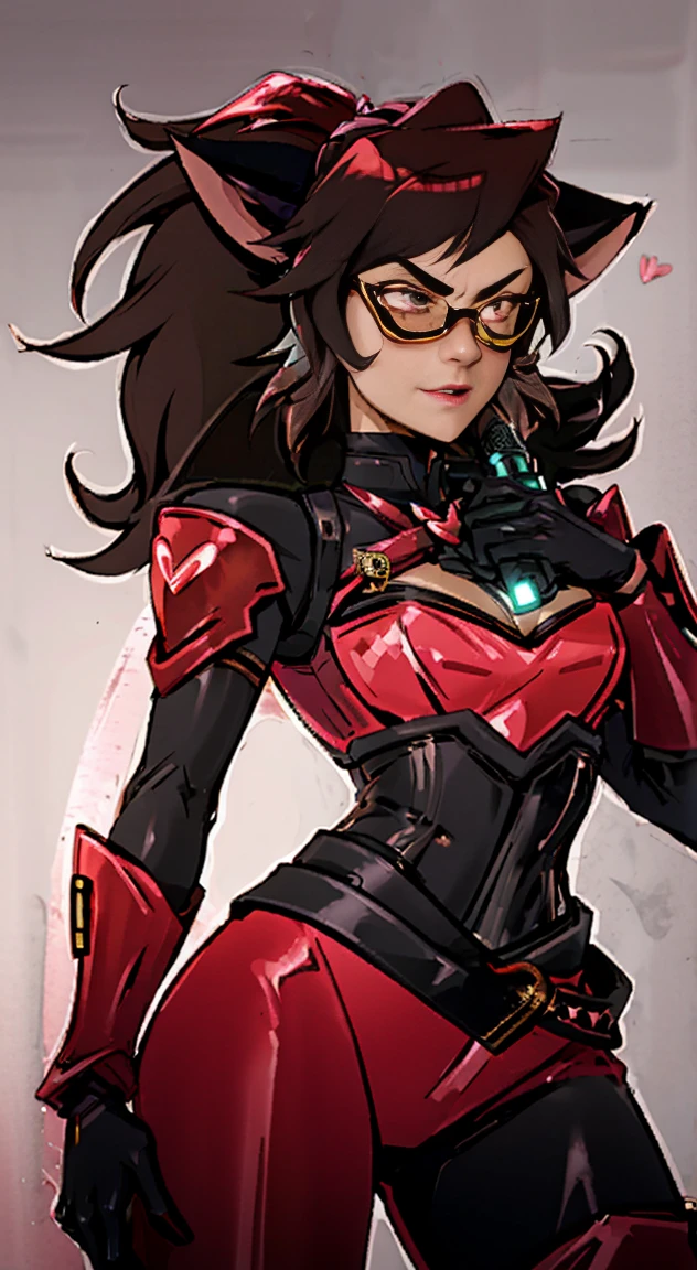 (Best quality, 4k, 8k, Ultra HD, High resolution, masterpiece:1.2), Catra as Mettaton, full spandex/latex attire (reds and blacks), neon lights, flawless makeup, happy singing pose, cat ears, fierce expression, long hair, simple greyscale background, sleek design, captivating stage presence, captivating red lipstick, confident stance, fashion model, anime glasses, anime tinted red shades, black latex pants, black latex corset, holding a large stage microphone, performance microphone, black microphone, singing stance, extremely tight corset, red bow tie around neck, medium nougat-skin color, heart-shaped silver belt buckle, long slick cat tail, thick armored metal belt, heart on armored red chestplate, long hair, brown hair, heavily armored black cuirass, chest encased in armor, black turtleneck armored, wide hips, brown hair, thick flowing brown hair,black undersuit, white mascot gloves, cuffed gloves