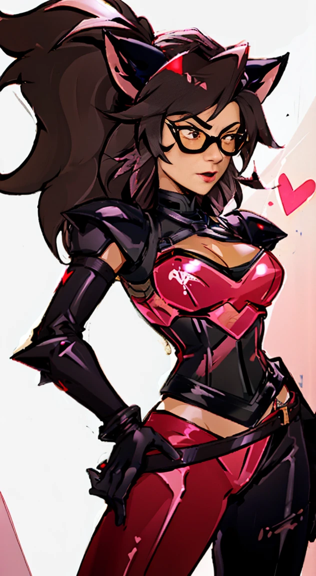 (Best quality, 4k, 8k, Ultra HD, High resolution, masterpiece:1.2), Catra as Mettaton, full spandex/latex attire (reds and blacks), neon lights, flawless makeup, happy singing pose, cat ears, fierce expression, long hair, simple greyscale background, sleek design, captivating stage presence, captivating red lipstick, confident stance, fashion model, anime glasses, anime tinted red shades, black latex pants, black latex corset, holding a large stage microphone, performance microphone, black microphone, singing stance, extremely tight corset, red bow tie around neck, medium nougat-skin color, heart-shaped silver belt buckle, long slick cat tail, thick armored metal belt, heart on armored red chestplate, long hair, brown hair, heavily armored black cuirass, chest encased in armor, black turtleneck armored, wide hips, brown hair, thick flowing brown hair,black undersuit, white mascot gloves, cuffed gloves