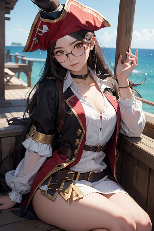 highest quality、masterpiece、High sensitivity、High resolution、detailed、Glasses、Shyly、Female pirate、Cosplay