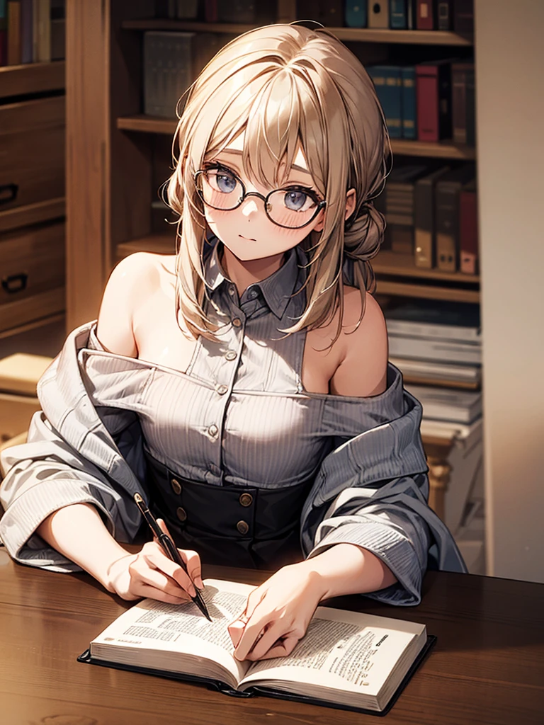 A cute young girl, wearing glasses, shoulder-length hair tied in a knot, sitting intently writing a book.