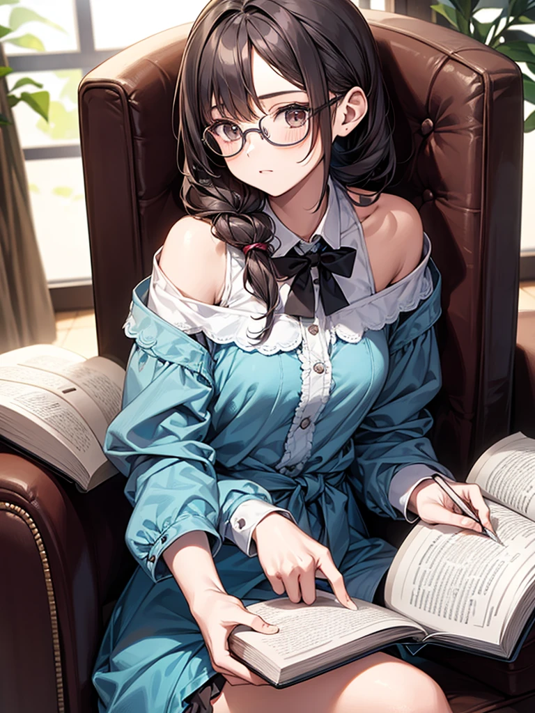 A cute young girl, wearing glasses, shoulder-length hair tied in a knot, sitting intently writing a book.