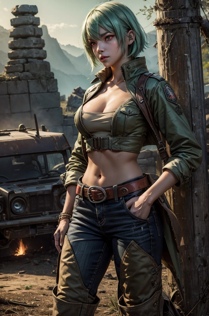 emeraldsustrai, emerald sustrai, short hair, (red eyes:1.5), green hair, dark skin, dark-skinned female, BREAK navel, cleavage, midriff, belt, cleavage cutout, chaps, hands on hips, BREAK near ancient temple ruins, pillars, on top of mountain, BREAK waterfall, bonfires, crowd in military dress, wrecked vehicles, (volumetric lighting),  intricate details, tonemapping, sharp focus, hyper detailed, (cowboy shot:1.5), BREAK (masterpiece:1.2), best quality, high resolution, unity 8k wallpaper, (illustration:0.8), (beautiful detailed eyes:1.6), extremely detailed face, perfect lighting, extremely detailed CG, (perfect hands, perfect anatomy),