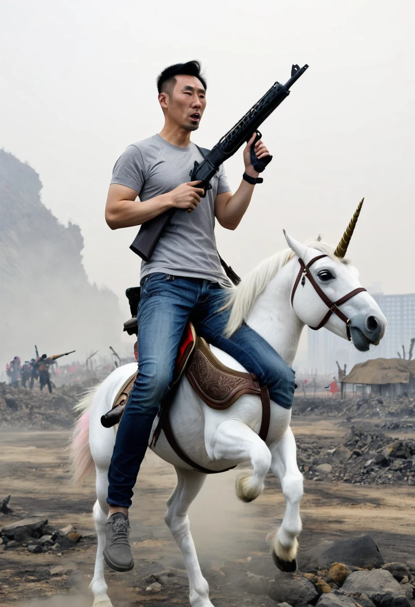 1man, chinese man, chinese man, grey T - shirt, man holding gun, chinese man riding a unicorn, in rock field, wasteland, foggy, burning city