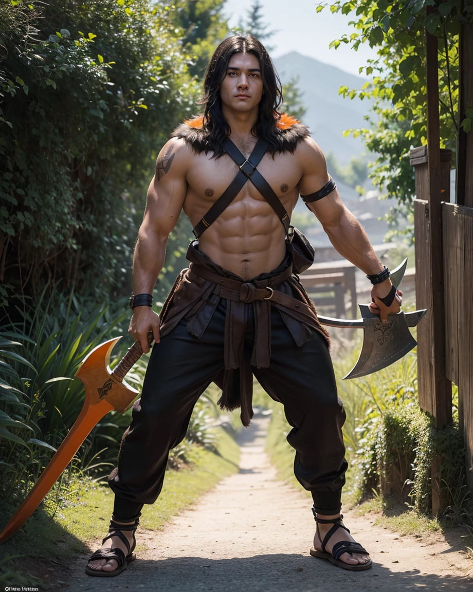 Youth with short black hair and brown eyes, fair skin and clean-shaven, dressed in short orange medieval barbarian fur tunic and trousers, weilding giant axe, sandals; fullbody; short hair, masculine, athletic