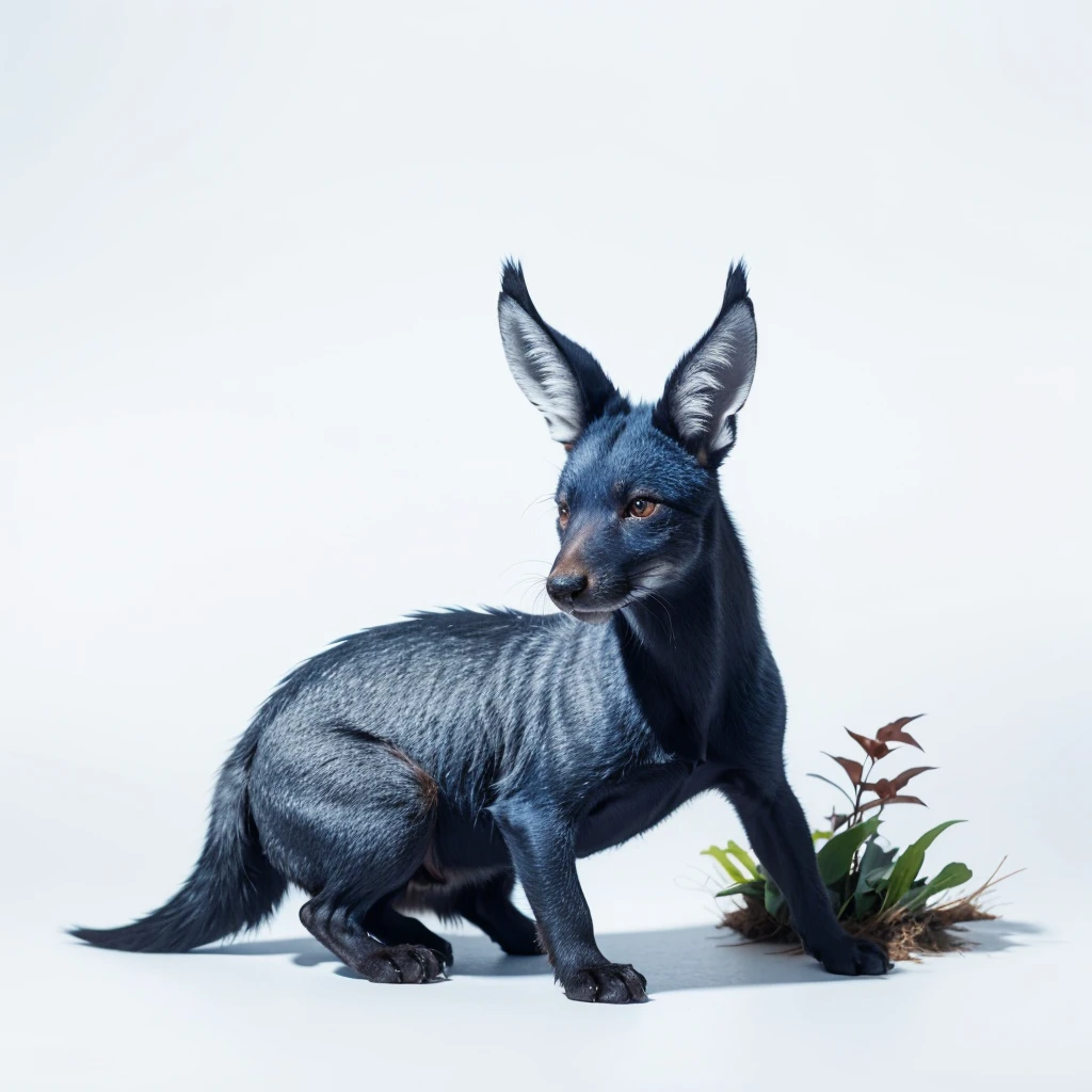 Small Animaly, black and blues colour skins, has scales, his body is shaped like a Fox but his face is like a Moose, silver colour skins, Grassroots background, (white background simpleks)