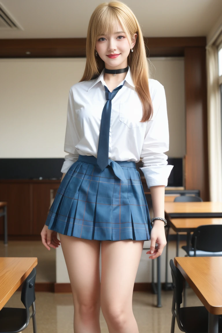 best quality,tmasterpiece,Ultra-high resolution,Clear face,(Reality:1.4), ferpect lighting,(full body photo:1.5), (photorealistic:1.30), anime wallpaper, Guviz style artwork, close -cover fantasy to magic, by Yang J, Guviz, beautiful artwork illustration, beautiful digital artwork, beautiful digital illustration, Li Song, beautiful anime portrait, art style at Beauvot, kitagawa marin, 1girl, blonde hair, long hair, Bangs, multicolored hair, red eyes, jewelry, earrings, piercing, , white shirt, tied shirt, black choker, blue necktie, plaid skirt, indoors, inside, indoor, open smile, pose, desks, Glowing skin, standing,