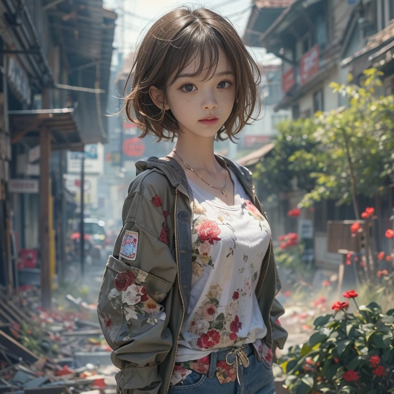 (masterpiece, highest quality, 1 girl, alone) In the ruins of the zombie apocalypse, 美しいアメリカの金髪の十代のto be born存者, ( Half Body Shot, There are many freckles on the face, Slim figure, Messy hair with short sides, Hazel green eyes), I'm tired but I won'Resistant, Discover the secret sanctuary village, A ray of hope in a world devastated by despair. Her Journey, Involving risk and loss, Lead her to this hidden haven, A place where safety and the promise of new beginnings await... Surrounded by the revival of nature, The sanctuary stands as a lush oasis in the middle of a desolate landscape.., Its very existence is a testament to the resilience and tenacity of humankind.. When she crossed the line, Her relief is palpable.., Her face is、Even in the darkest times, Hope can find its way to prosperity. This moment、It captures the essence of hope in the face of adversity.。, to be bornき残るための戦いにおいて, The human spirit is indomitable, 16k, Ultra-high resolution.Realistic, Ultra-high resolution, to be born, Sanctuary Village in the background