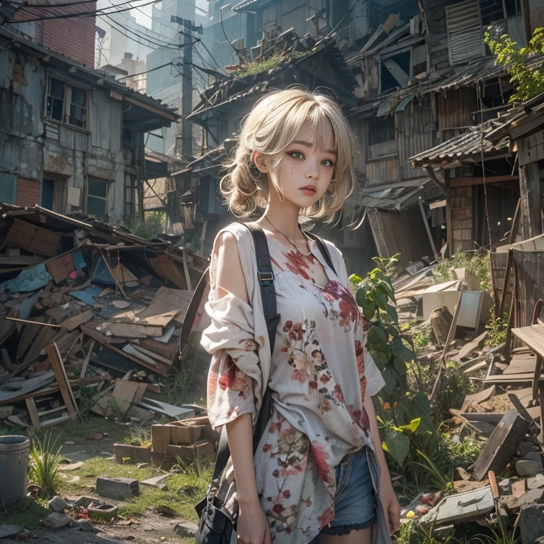 (masterpiece, highest quality, 1 girl, alone) In the ruins of the zombie apocalypse, 美しいアメリカの金髪の十代のto be born存者, ( Half Body Shot, There are many freckles on the face, Slim figure, Messy hair with short sides, Hazel green eyes), I&#39;m tired but I won&#39;Resistant, Discover the secret sanctuary village, A ray of hope in a world devastated by despair. Her Journey, Involving risk and loss, Lead her to this hidden haven, A place where safety and the promise of new beginnings await... Surrounded by the revival of nature, The sanctuary stands as a lush oasis in the middle of a desolate landscape.., Its very existence is a testament to the resilience and tenacity of humankind.. When she crossed the line, Her relief is palpable.., Her face is、Even in the darkest times, Hope can find its way to prosperity. This moment、It captures the essence of hope in the face of adversity.。, to be bornき残るための戦いにおいて, The human spirit is indomitable, 16k, Ultra-high resolution.Realistic, Ultra-high resolution, to be born, Sanctuary Village in the background