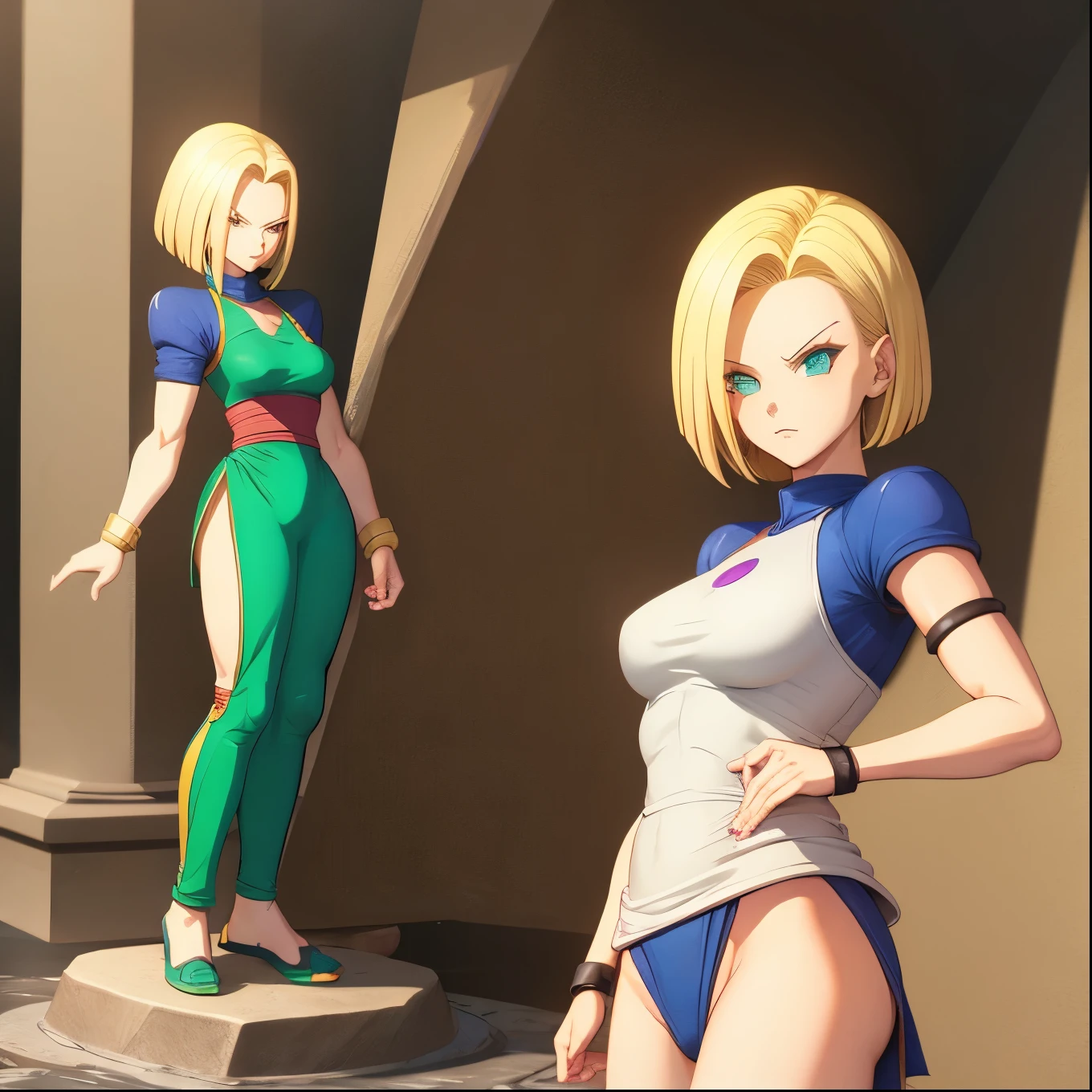 Please draw a stone statue of Android 18 from Dragon Ball,No. 18 herself looks frightened and turns into a stone statue.