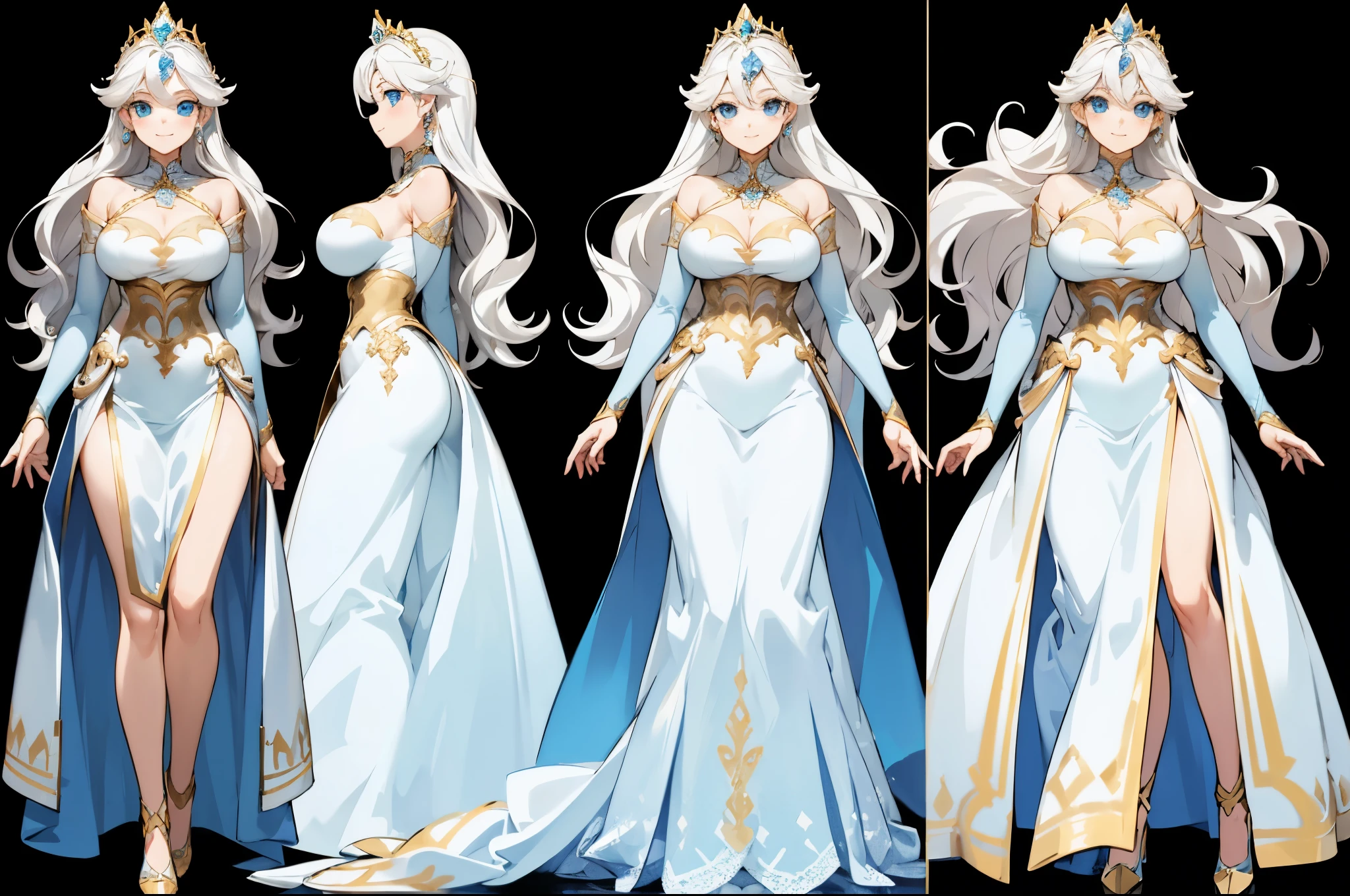 ((masterpiece, highest quality)), Detailed face, Character Sheet, whole body, Full of details, Various poses and expressions, Very detailed, depth, Many parts, 1 beautiful girl, (Huge breasts) Elsa from Frozen, Blue eyes, View Viewer, Curved body (length, Wavy Hair), Sensual body, She wears a white princess dress with gold details, With a head ornament of jewels and gold, smile
