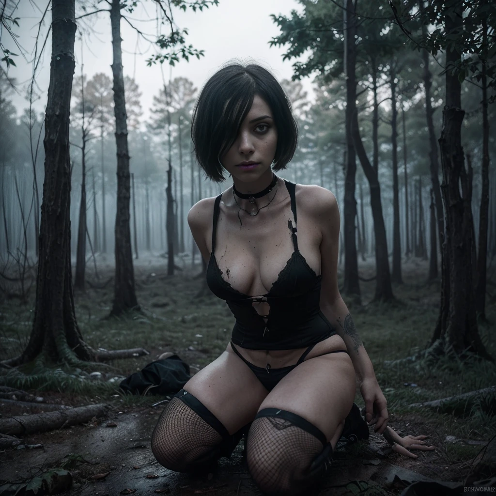 (Best Quality,hight resolution,Masterpiece, half body shot:1.2),Ultra-detailed,woman dressed in black thong and fishnet top,sickly,kneeling down in a dark creepy forest at night, she's wearing a very sexy high waisted g-string black thong, creepy house in the background, very high waisted thong, creepy abandoned house in the background, abandoned house in a wood, creepy house in the forest, perfect body, sensual pose,full body shot, horror vibes, centered subject,gloomy ecstasy,fetish,dark gloomy atmosphere, creepy atmosphere, gritty texture,Retro-atmosphere,warped reality,melancholic expression on his face,mysterious aura,foggy atmosphere,foggy background,Subtle color palette,provocative pose,Strong emotions,Coming Out of the Depths of Despair,Piercing gaze,intense shadows,Plunged in Darkness,dark industrial aesthetic,ominous vibe,A supernatural sensation,Loss of Place in Time and Space,Eerie silence.asymmetrical bangs, freckles, black short hair, Bangs, freckles, gray eyes,