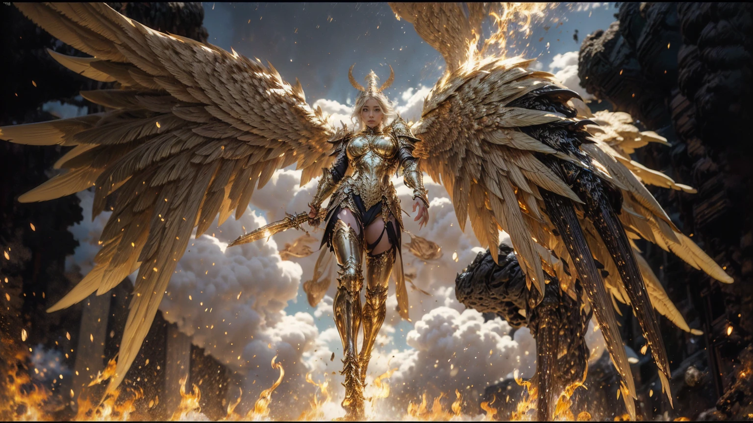 full body photo (Remote photos) Masterpiece, best quality, 1 girl,Beautiful, round, large breasts., ((Sexy tight-fitting golden armor)) It has black wings., Golden Clouds,